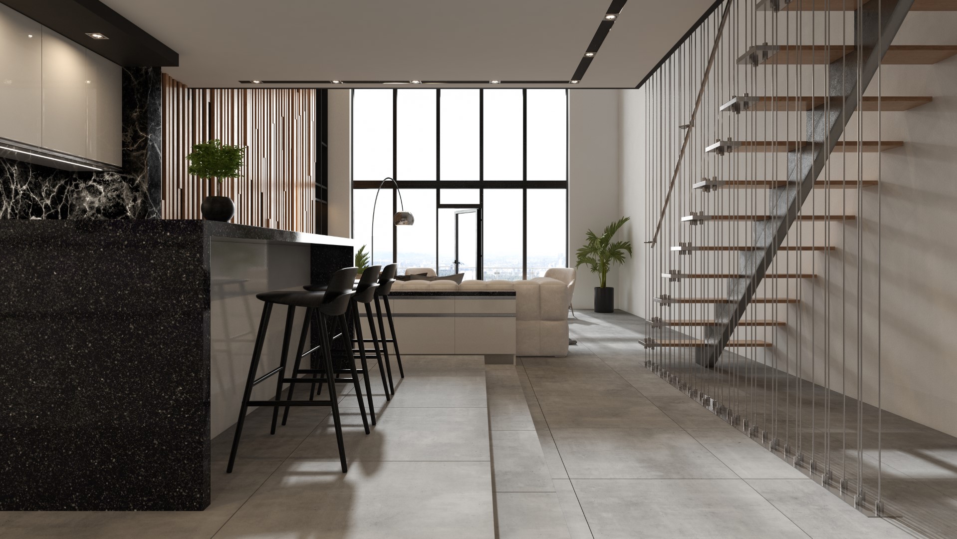 Połączenie kuchni z salonem - płytki